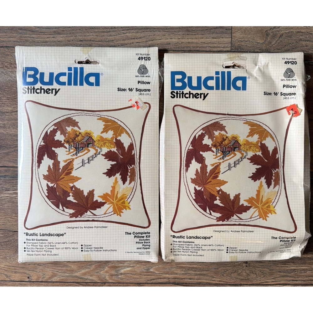 70s 2 Bucilla Stitchery Embroidery Kit Pillow 16"Square "Rustic Landscape" 49120